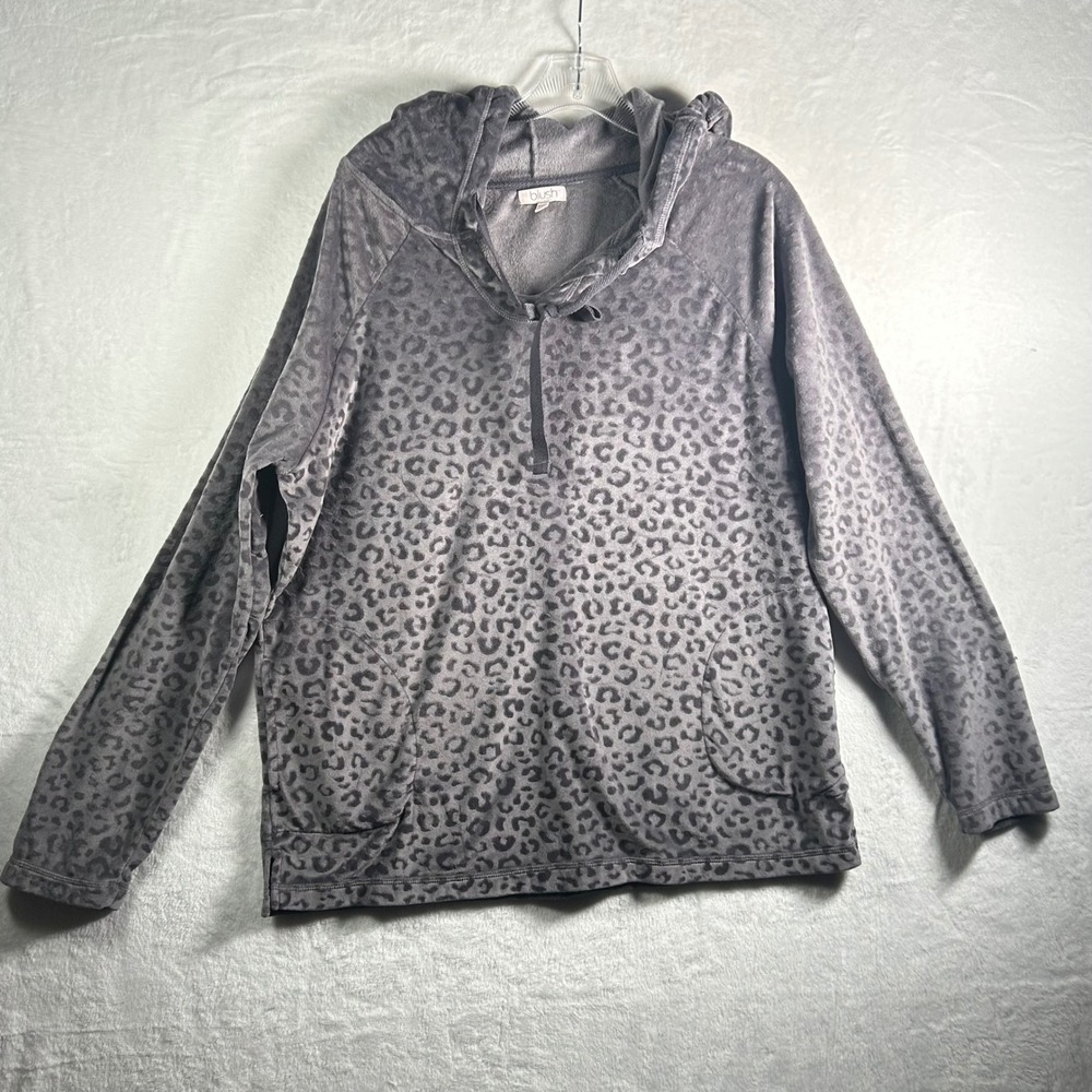 Blush by Us Angels Leopard Print Velour Hoodie Gray Medium 8 10 V Neck Pockets - Picture 9 of 9
